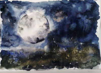 Лот: 16230363. Фото: 1. Рисунок акварель "Луна". Картины, рисунки