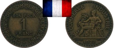 Лот: 19236940. Фото: 1. Франция 1 франк 1922. Европа