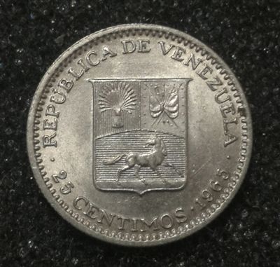 Лот: 23018300. Фото: 1. 25 сентимо 1965 года. Венесуэла... Америка