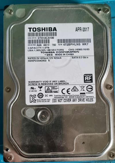 Лот: 23681896. Фото: 1. Жесткий диск Toshiba DT01ACA100. Жёсткие диски (HDD)