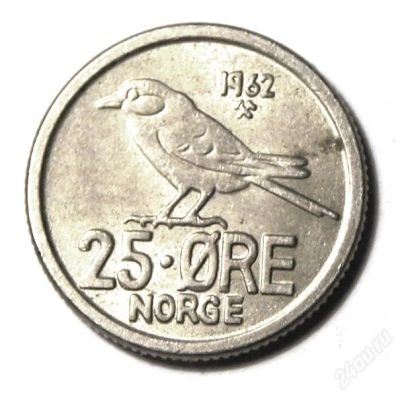 Лот: 2798215. Фото: 1. Норвегия. 25 эре 1962 г.(594). Европа