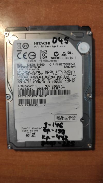 Лот: 21136787. Фото: 1. Жесткий диск Hitachi 5K500.B-500... Жёсткие диски (HDD)