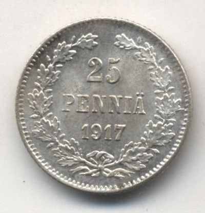 Лот: 5184534. Фото: 1. 25 пенни 1917., Финляндия, серебро... Европа