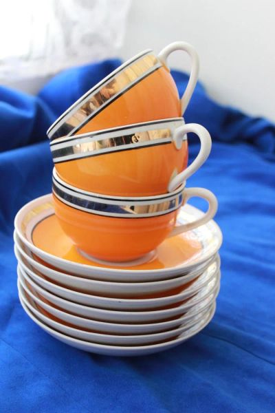 Лот: 9097545. Фото: 1. сервиз СССР, оранж с позолотой... Сервизы, наборы посуды