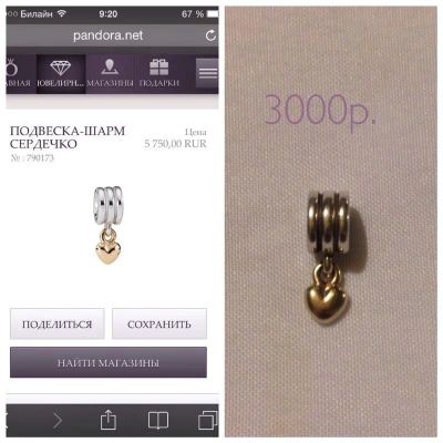 Лот: 4190552. Фото: 1. Шарм для браслета pandora сердечко. Другое (ювелирные изделия, бижутерия, часы)