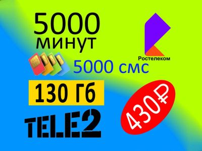 Лот: 16716519. Фото: 1. 130 гигабайт + 5000 минут на любые... Телефонные номера, SIM-карты