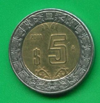 Лот: 8773294. Фото: 1. Мексика 5 песо 2001 $ один знак... Америка
