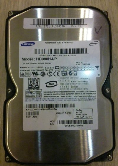 Лот: 8066962. Фото: 1. Жесткий диск HDD Samsung HD080HJ... Жёсткие диски (HDD)