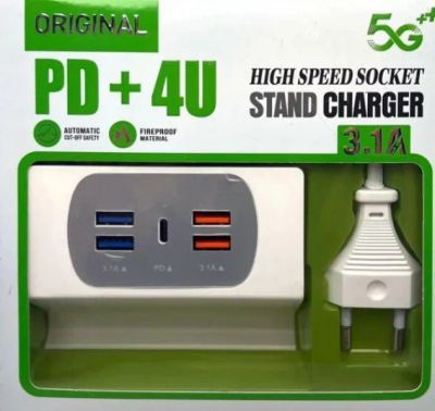 Лот: 22054055. Фото: 1. СЗУ 4*USB (3.1A) + 1 Type-C, подставка... Зарядные устройства, блоки питания, адаптеры сетевые для смартфонов