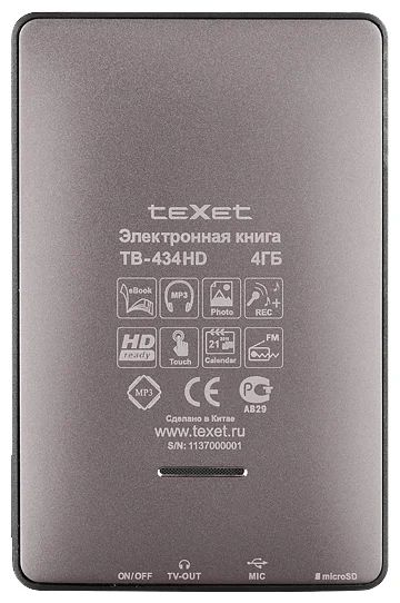Лот: 4622075. Фото: 1. Электронная книга Texet TB-434HD. Электронные книги