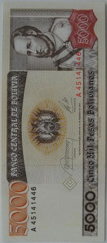 Лот: 6094102. Фото: 1. Боливия 5000 песо 1984, в обороте... Америка
