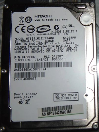 Лот: 5380210. Фото: 1. 120 Gb, 5400 RPM Sata, Hitachi... Жёсткие диски (HDD)