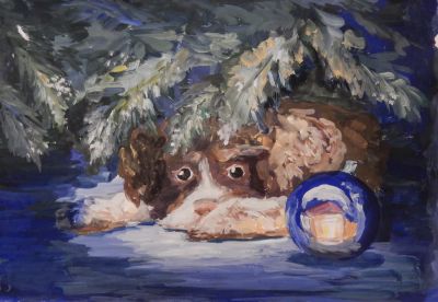 Лот: 6837404. Фото: 1. Картина с собачкой и шариком... Произведения
