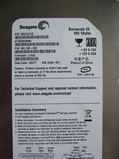 Лот: 7304186. Фото: 1. HDD Seagate Barracuda ES 500Gb... Жёсткие диски (HDD)