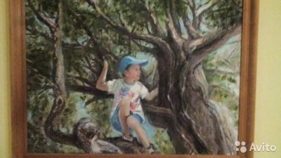Лот: 6057709. Фото: 1. Картина маслом "Мальчик на дереве... Картины, гравюры