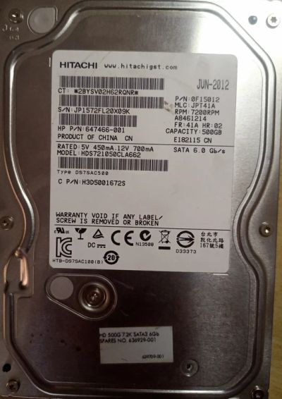 Лот: 18925331. Фото: 1. Жесткий диск Hitachi 500Гб 3.5... Жёсткие диски (HDD)