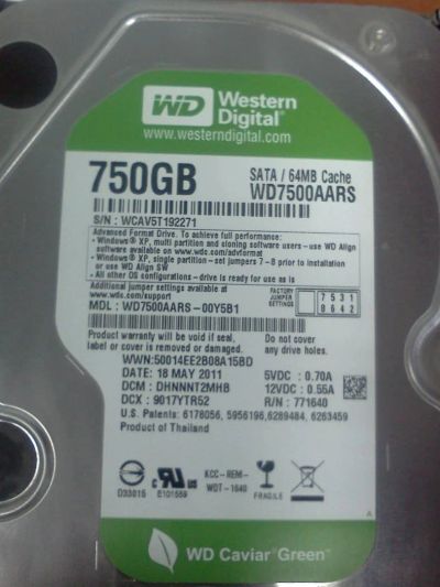 Лот: 3742894. Фото: 1. винчестер WD Caviar Green 750gb. Жёсткие диски (HDD)