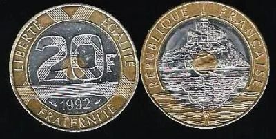 Лот: 11752668. Фото: 1. 20 франков 1992 г. Франция . триметаллическая... Европа