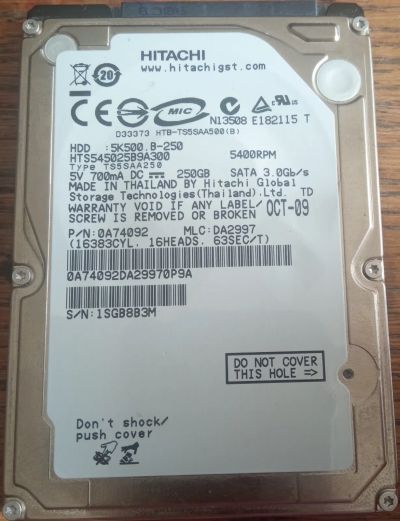 Лот: 20743500. Фото: 1. HDD Hitachi HTS545025B9A300 250Гб. Жёсткие диски (HDD)