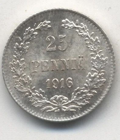 Лот: 5184568. Фото: 1. 25 пенни 1916, Финляндия, серебро... Европа