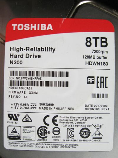 Лот: 19439564. Фото: 1. Toshiba 8TB N300 HDWN180. Жёсткие диски