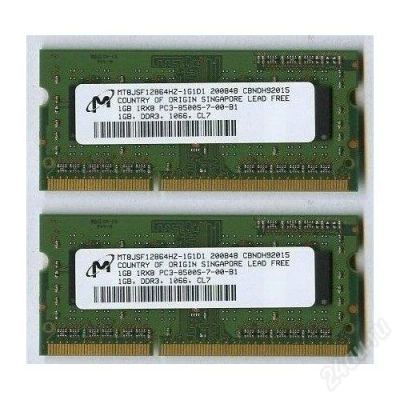 Лот: 2324588. Фото: 1. Память SO-DIMM Micron 2X1GB PC3-8500S... Оперативная память