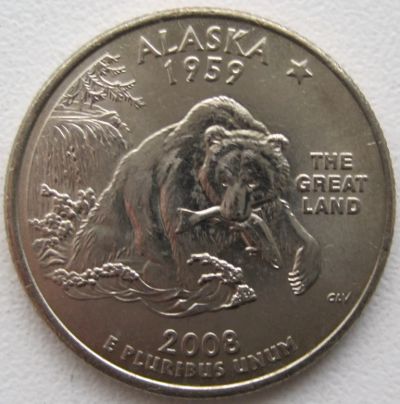 Лот: 6731137. Фото: 1. США 25 центов 2008. Аляска (штаты... Америка