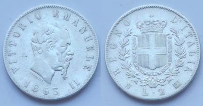 Лот: 18665934. Фото: 1. 2 лиры 1863 год. Италия Ag835... Европа