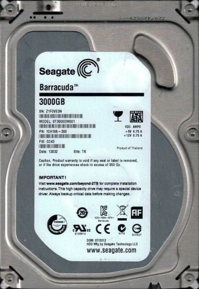 Лот: 18377349. Фото: 1. 3ТБ жесткий диск Seagate ST3000DM001... Жёсткие диски (HDD)