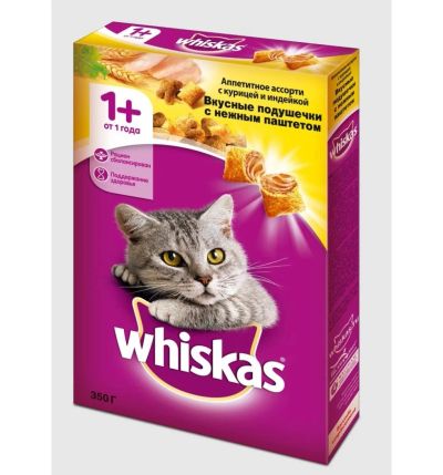 Лот: 10333557. Фото: 1. Whiskas пачка 350гр "Вкусные подушечки... Корма