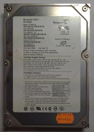 Лот: 6359486. Фото: 1. HDD / Seagate / Model: ST380011A... Жёсткие диски (HDD)