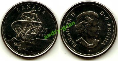 Лот: 6005516. Фото: 1. 0188 Канада 25 центов 2004 E-II... Америка