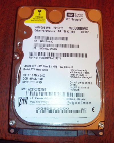 Лот: 14022734. Фото: 1. 80Gb WD WD80BEVS 2,5"/SATA/8Mb... Жёсткие диски (HDD)