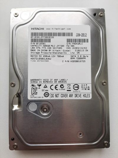 Лот: 17879690. Фото: 1. Жесткий диск 500Gb Hitachi. Жёсткие диски (HDD)