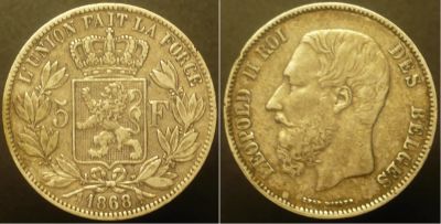Лот: 16921323. Фото: 1. 5 франков 1868 г Бельгия. Европа
