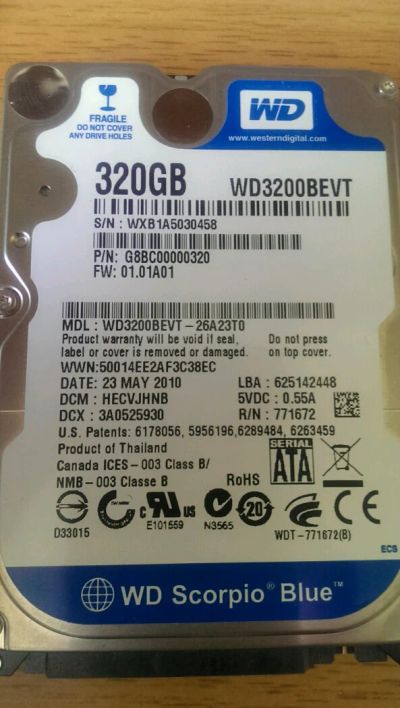 Лот: 5344086. Фото: 1. HDD WD Scorpio Blue 320Гб WD3200BEVT. Жёсткие диски (HDD)