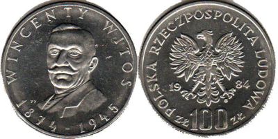 Лот: 4895665. Фото: 1. Польша 100 злотых 1984 Виснент... Европа