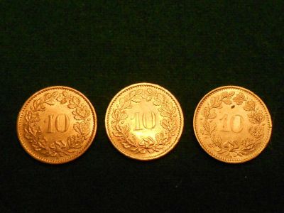 Лот: 5887754. Фото: 1. Швейцария 10 раппенов.Три монеты... Европа