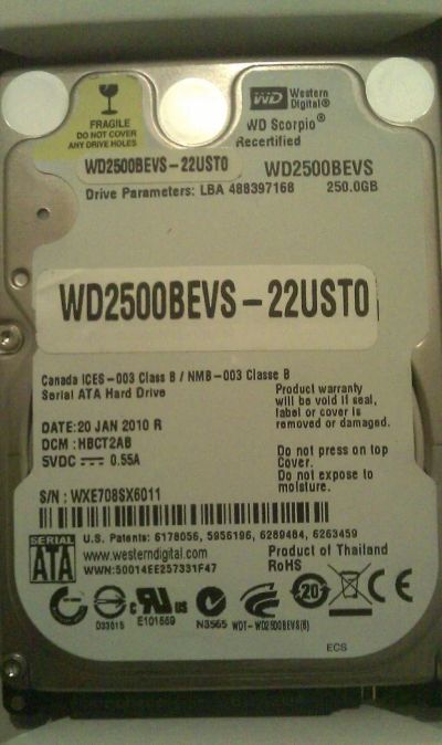 Лот: 4636510. Фото: 1. Жесткий диск WD2500BEVS-22UST0. Жёсткие диски (HDD)