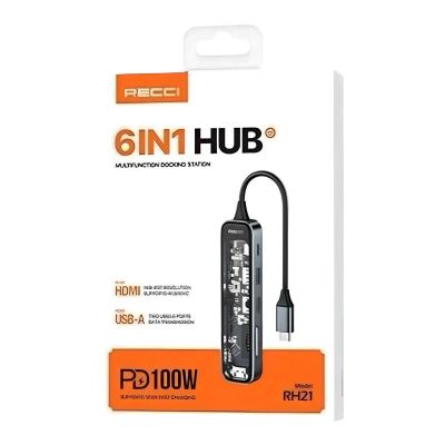 Лот: 25794888. Фото: 1. HUB адаптер 6в1 RECCI RH21 USB-C... USB хабы