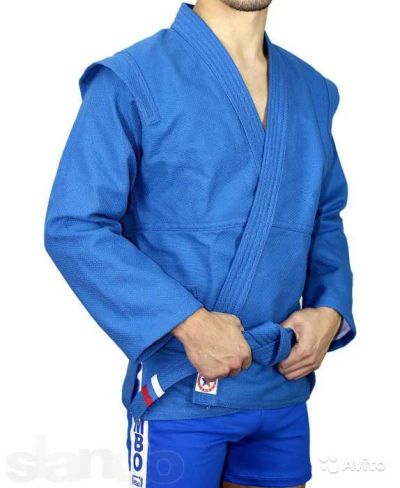 Лот: 6183664. Фото: 1. Куртка для занятий самбо синяя... Одежда для боевых искусств