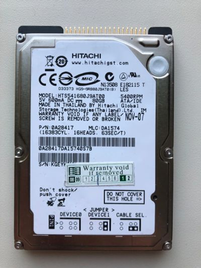Лот: 21436964. Фото: 1. IDE 2.5" 80Gb Hitachi Travelstar... Жёсткие диски (HDD)