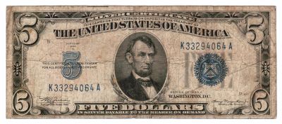 Лот: 24972365. Фото: 1. США 5 долларов 1934А год, синяя... Америка