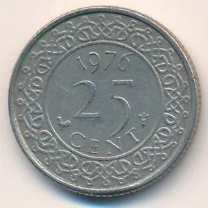 Лот: 10616535. Фото: 1. Суринам 25 центов 1976 года. Герб... Америка