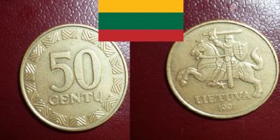 Лот: 19234473. Фото: 1. Литва 50 центов 1997 первый год... Страны СНГ и Балтии