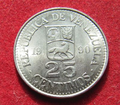Лот: 20862461. Фото: 1. Венесуэла 25 сентимо, 1990г. Америка