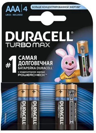 Лот: 11304640. Фото: 1. Батарея Duracell Turbo MAX LR03-4BL... Батарейки, аккумуляторы, элементы питания