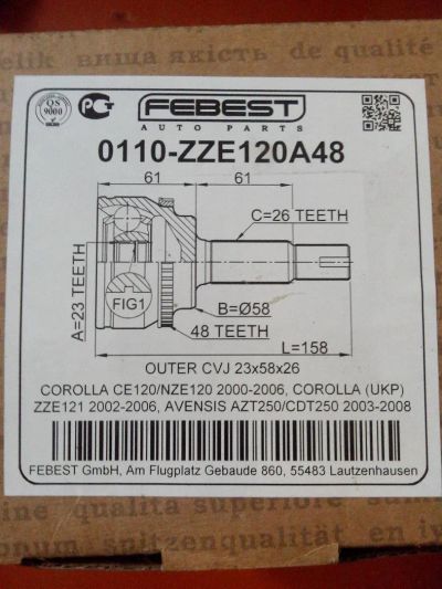 Лот: 3909052. Фото: 1. шрус внешний toyota 0110-zze120a48... Ходовая, подвеска, рулевое управление