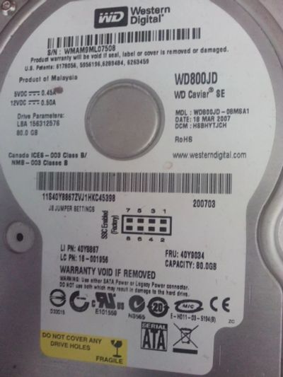 Лот: 3853704. Фото: 1. wd 80 sata. Жёсткие диски (HDD)