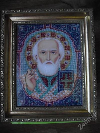 Лот: 1028697. Фото: 1. Икона "Николай Чудотворец", вышитая... Другое (ручная работа)